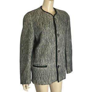 Vintage Fuzzy Wool Jacket Cardigan Grey Sz L Demure Classic Boxy Lined Plaid Red